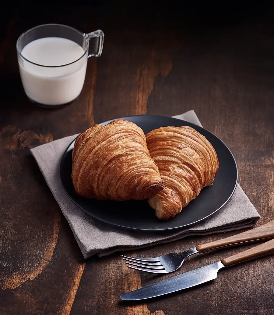 Croissants on a dark plate with a glass of milk
